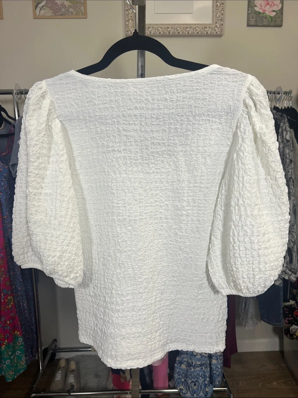 Anthropologie Maeve White Textured Scoop Neck Puff Sleeve Top Sz Large - Picture 3 of 7